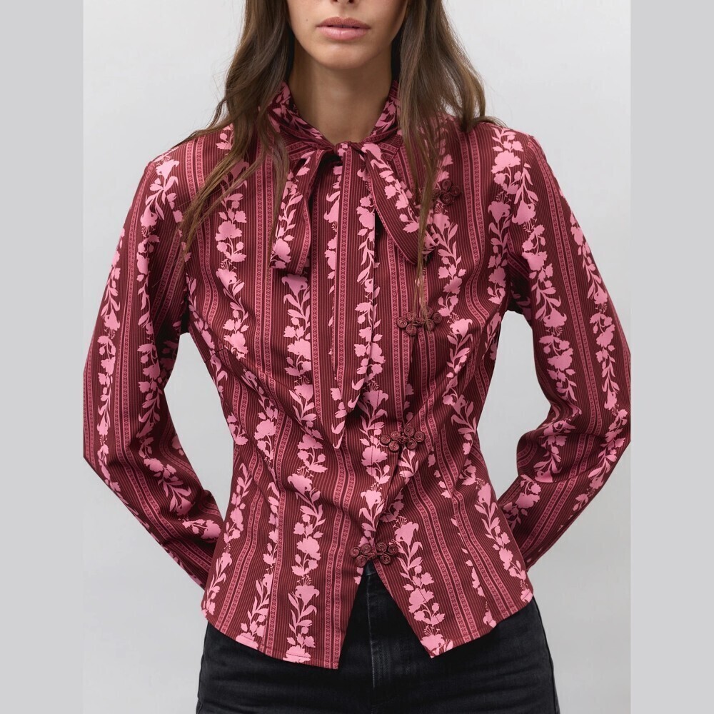 Burgundy Floral Stripe Tie Neck Frog Button Long Sleeve Blouse